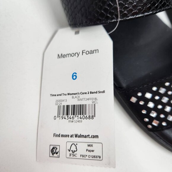 Time And Tru Women's Black Jeweled 2 Band Sandals Size 6 Memory Foam Black - Picture 5 of 10